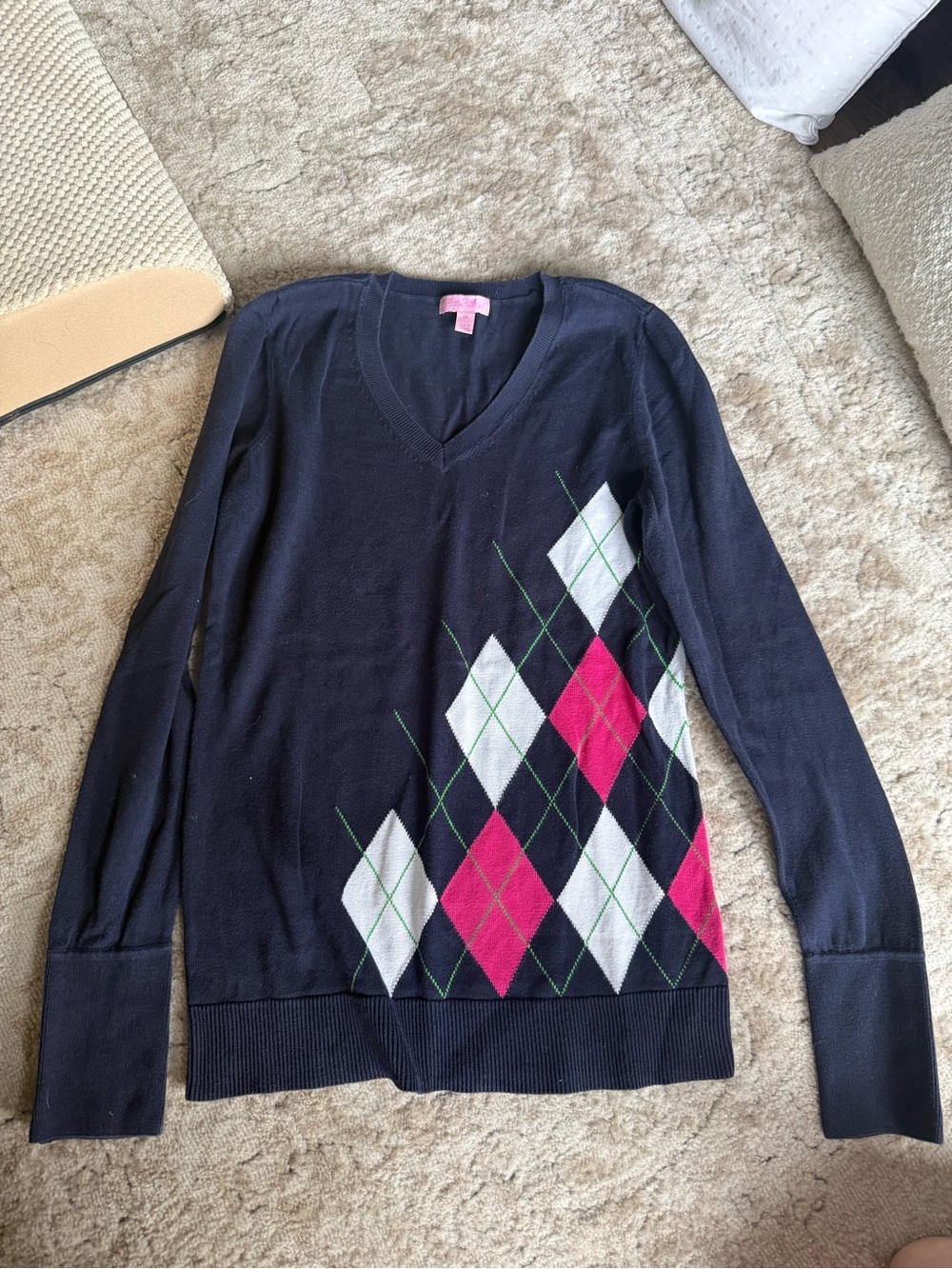 Lilly Pulitzer Navy V-Neck Sweater with Pink & White Argyle